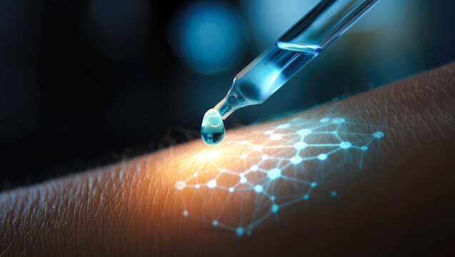 Futuristic dropper applying liquid on skin with digital interface, biotechnology in dermatology, innovative skincare product demonstration, beauty product promotion, rejuvenation, glow up