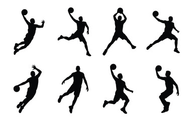 Black silhouettes of basketball players in various dynamic poses jumping and throwing balls on white background