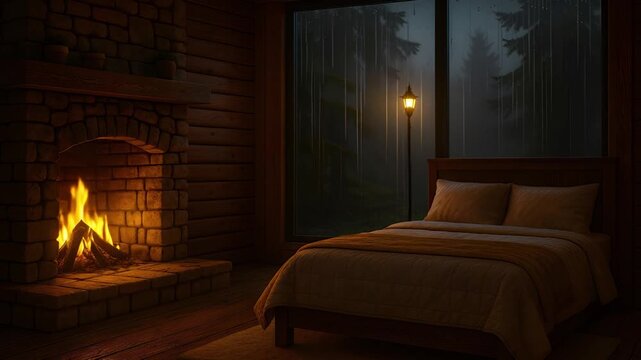 Cozy log cabin bedroom with a warm fireplace, soft lighting, wooden interior, and a large window overlooking a rainy forest. Neatly made bed and calm atmosphere, peaceful, inviting retreat.