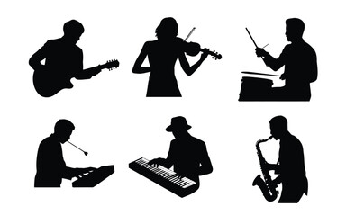 Silhouettes of musicians playing various instruments including guitar violin drums flute keyboard and saxophone on white background representing music and arts
