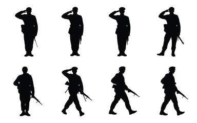 Silhouettes of soldiers in various poses saluting and marching with guns black icons on white background