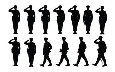 Soldiers in various poses silhouettes of men in uniform saluting and walking military personnel illustrations