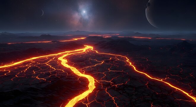 An artist rendering of planet with lava and lava in the fore.