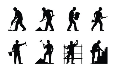 Construction workers in various actions and poses silhouettes on white background labor and industry concepts