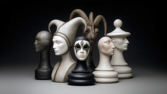 Italian inspired surreal strategy figures resembling chess pieces and theatrical masks