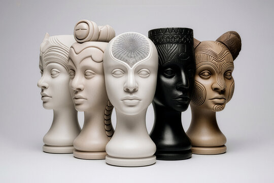 Conceptual style chess pieces that symbolize roles of power and hierarchy