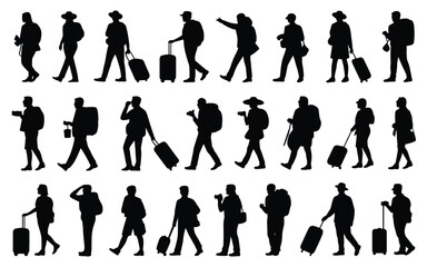 Silhouettes of travelers walking with luggage suitcases and backpacks in various poses and directions on white background