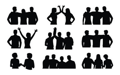 Collection of black silhouettes of people in various poses and groups on white background for design