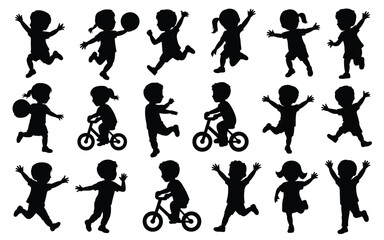 Collection of joyful children playing sports and riding bicycles in various dynamic poses black silhouettes on white background
