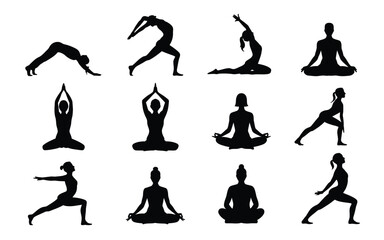 Various yoga poses and stretches in black silhouette on white background for mindfulness and wellness