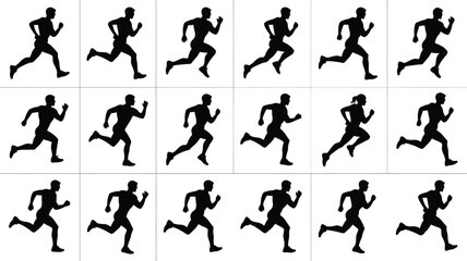 Collection of black silhouettes of runners in various poses showcasing different running styles and movements on white background for design and animation use