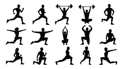 Collection of black silhouette icons depicting various fitness exercises and yoga poses on white background for healthy lifestyle and workout routine concepts