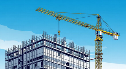 Construction crane building a modern skyscraper urban development and engineering concept industrial machinery on a clear blue sky background