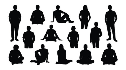 Diverse group of people in various sitting and standing poses in black silhouette on white background for design and illustration