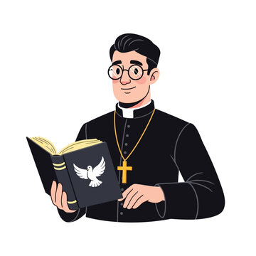 Illustration of a Catholic priest in cassock holding an open bible with dove symbol