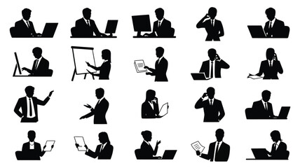 Business professionals working on laptops and documents in various office settings and poses