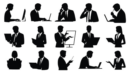 Business professionals working on laptops and presenting ideas in a corporate setting with silhouettes