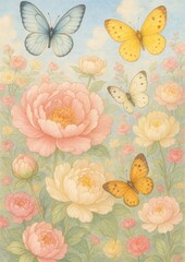 Butterflies flutter among blossoms.