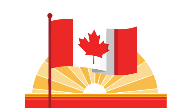 Illustration of Canadian and Quebec flags with a maple leaf in front of a sunrise or sunset with rays on a white background