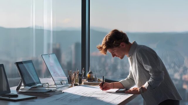 A young architect focused and intent sketches intricate blueprints on a sleek digital tablet at a sunlit desk work surrounded by architectural tools