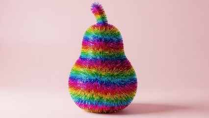 Abstract rainbow-colored pear sculpture on pink background