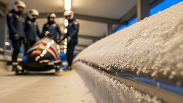 Bobsleigh team preparing for competition on snowy track indoors  