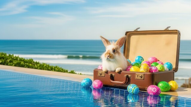 adorable fluffy bunny rabbit sits in a suitcase filled with colorful easter eggs by an infinity pool overlooking the ocean