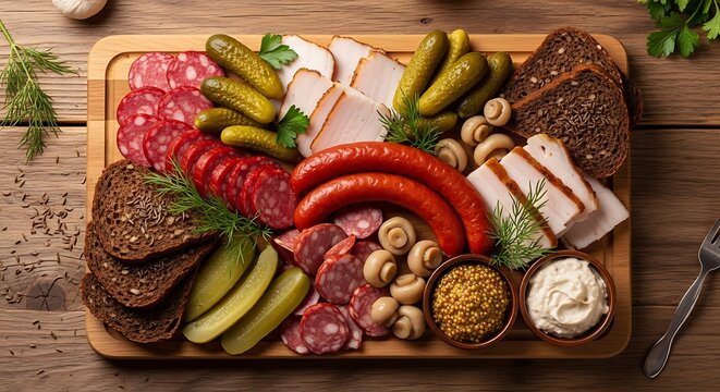 Assorted charcuterie and cheese platter with fresh vegetables and bread. boczek