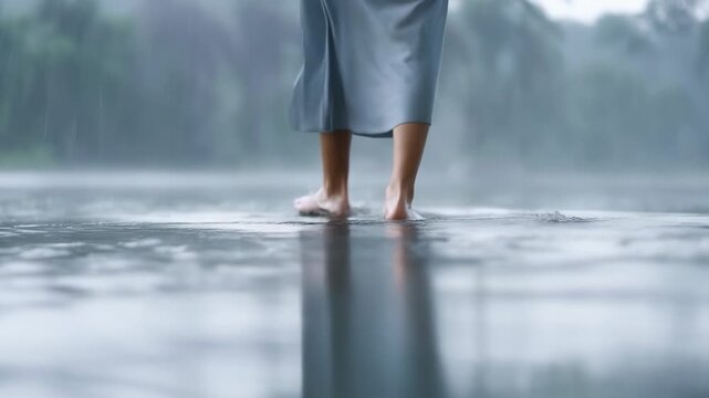 Barefoot woman walking through shallow water in heavy rain low angle tracking shot with splashes