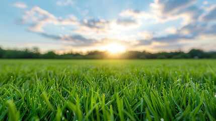 A field of green grass with a bright sun in the sky