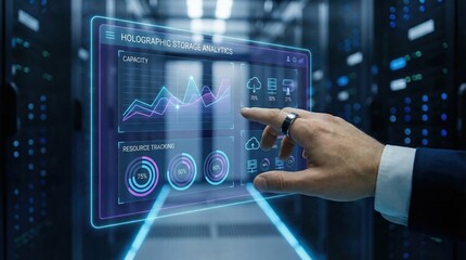 Fototapeta premium Innovative holographic storage analytics data center digital visualization tech environment close-up view futuristic concept for optimization