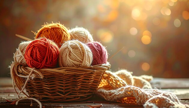 Wollkn&auml;uel im Korb neben Strickprojekt