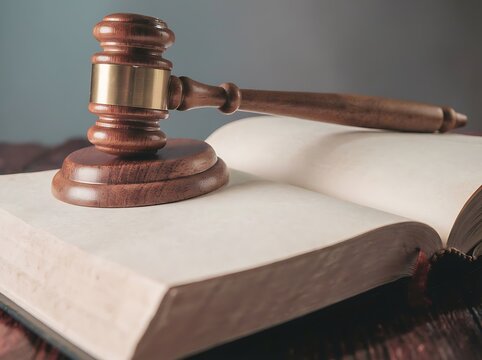 Judge's gavel on open law book symbolizing justice