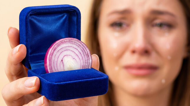 Close-up of a blue velvet box containing a slice of red onion instead of a ring, causing tears