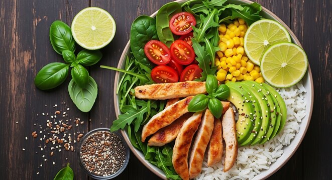 Healthy grilled chicken salad bowl with fresh vegetables and avocado