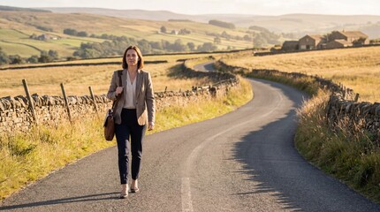 Obraz premium Woman walking on country road at sunset with rolling hills.