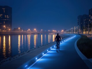 Individual cycling along a lit pathway beside a river at night, modern buildings and reflections visible in the water under a clear blue sky