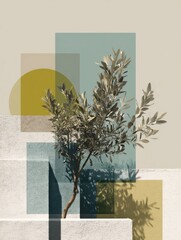 Fototapeta premium Minimalist composition featuring a green olive tree against a backdrop of geometric shapes in muted colors, creating a modern artistic aesthetic