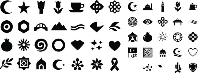 Fototapeta premium turkey, turkish icons, crescent moon symbol, star silhouette, mosque motif, minaret icon, tulip flower, turkish coffee, decorative tile pattern, evil eye charm, geometric hexagon, abstract bridge, 