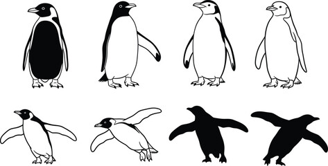 Vector, black, silhouette, and, outline, illustration, set, of, various, penguins, in, standing, and, swimming, poses, for, antarctic, wildlife, nature, and, animal, design (22 words) © Sujoy