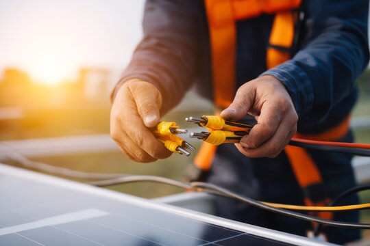 Skilled worker holding solar cable connectors for sustainable energy installation
