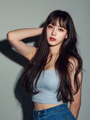Fototapeta premium Young Asian woman with long black hair poses with one hand on her head, wearing a light blue crop top and denim shorts against a neutral gray background