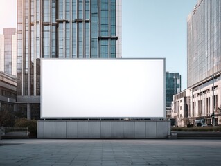 Obraz premium Large blank billboard in urban setting surrounded by modern skyscrapers and paved plaza, ideal for advertising or promotional content display