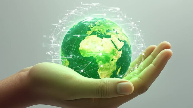 Hand holding a glowing green digital Earth with network nodes
