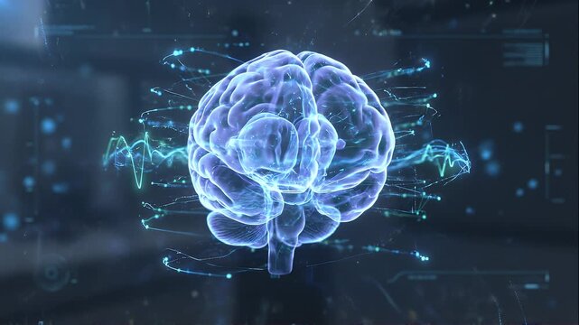 3D digital illustration of a glowing human brain with neural network connections and futuristic data visualization