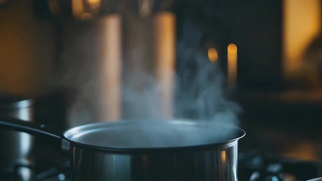 Steaming stainless steel pot on stove with rising steam in cozy kitchen atmosphere