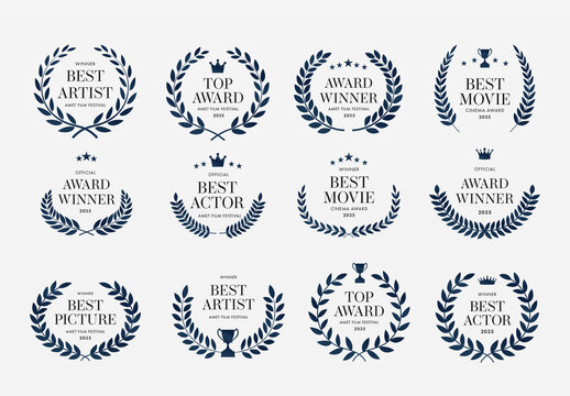 Award Crest & Laurel Wreath Vector Illustration Set for Movie & Film Awards, Festival Nominations