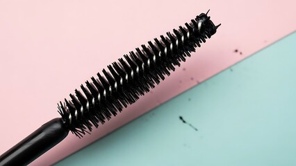 Close-up of mascara brush on pink and green background