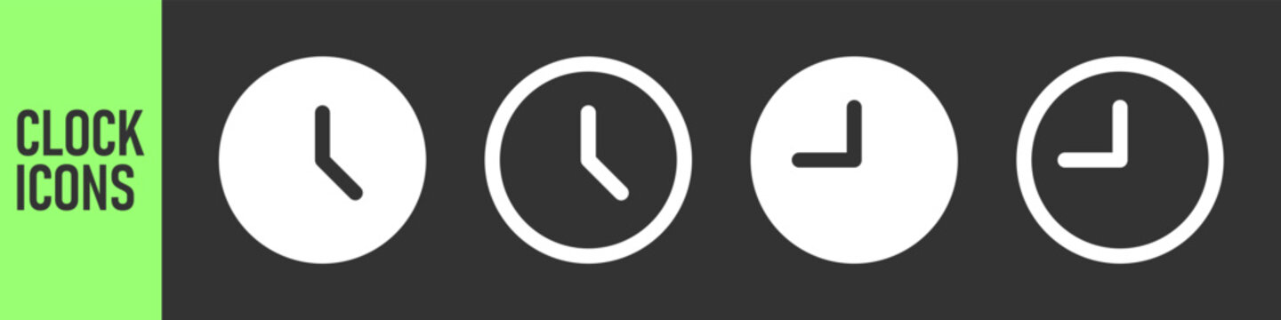 Set of minimalist flat clock icons in solid and outline styles, ideal for web, UI UX design, and business applications.
