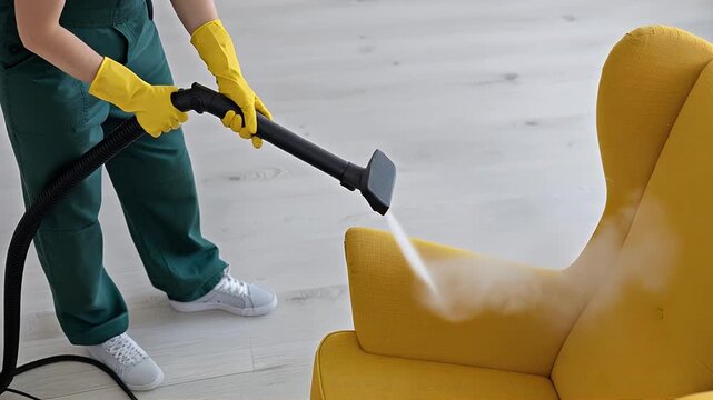 Professional steam cleaning service for yellow armchair upholstery in modern living space